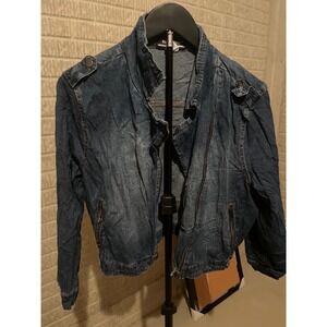 ROOMMATES Womens XL Blue Denim Moto Jacket Faux Leather Accents